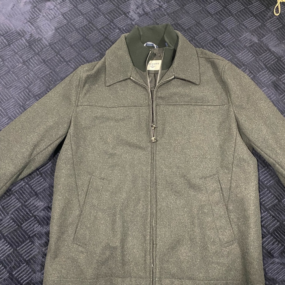 Large dark grey wool blend Dockers jacket. Mid weight, double-layer insulation.